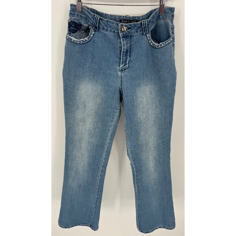 Baccini Womens Embellished Floral Rose Pocket Straight Leg Denim Jeans